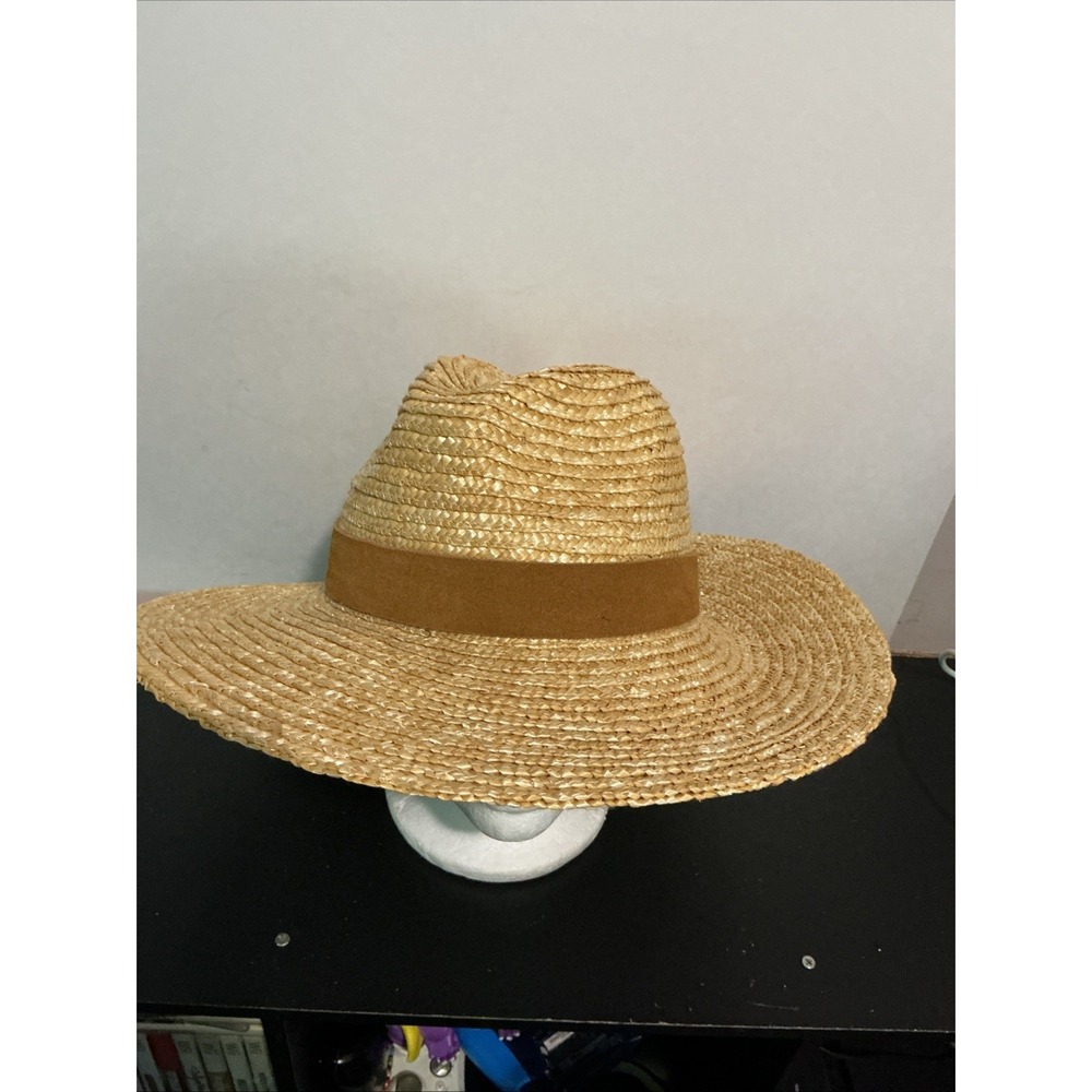 Gigi Pip Womens 100% Straw Fedora Sun Hat Beige Wide Brim One Size NEW